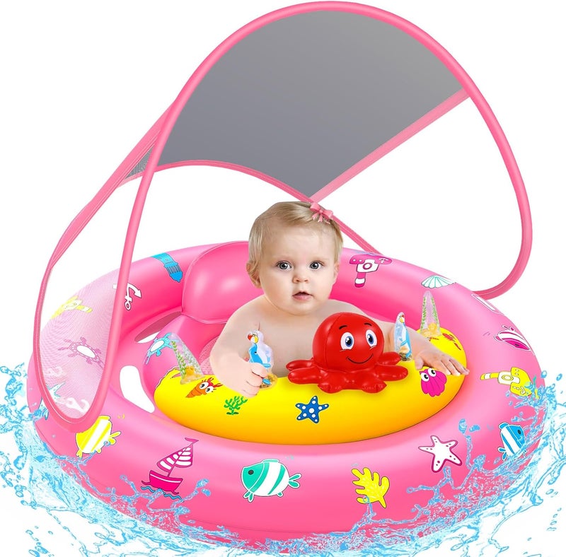 HINZER Baby Pool Float with Canopy, Inflatable Baby Swim Float with UPF50+ Sun Protection, Toddler Infant Pool Float with Toy Play Console Adjustable Safety Seat for Kids Girls Boys Aged 6-36 Months - Image 1